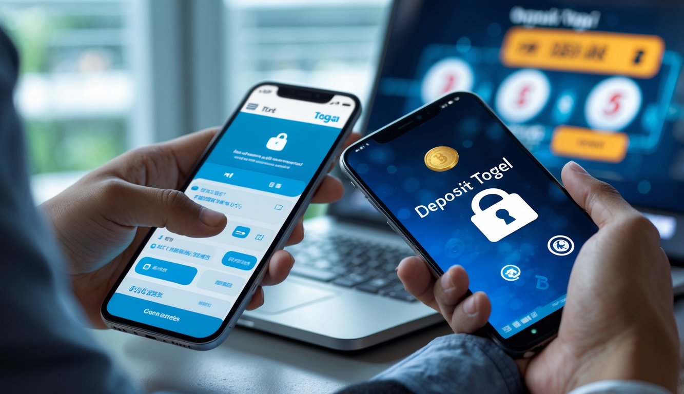 Tangan seseorang memegang ponsel dengan tampilan transaksi online, di sebelahnya laptop menunjukkan aplikasi dompet digital, latar belakang menunjukkan elemen terkait lotere.