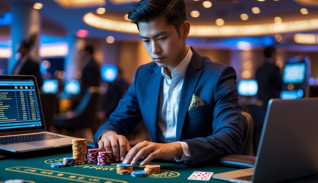 Seorang individu fokus merencanakan strategi judi di meja permainan dengan chip poker, kartu, dan laptop di lingkungan kasino mewah.