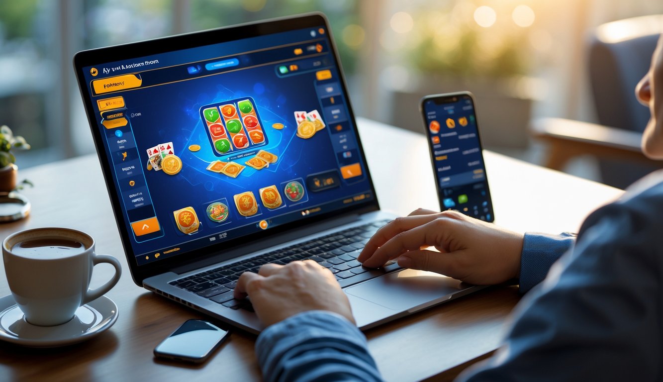 Seorang pria duduk di depan laptop dengan permainan kartu rummy online yang ditampilkan di layar, di meja terdapat cangkir kopi dan ponsel.