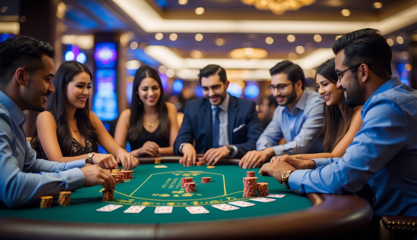 Beberapa orang bermain kartu rummy di meja kasino dengan suasana mewah dan pencahayaan hangat.