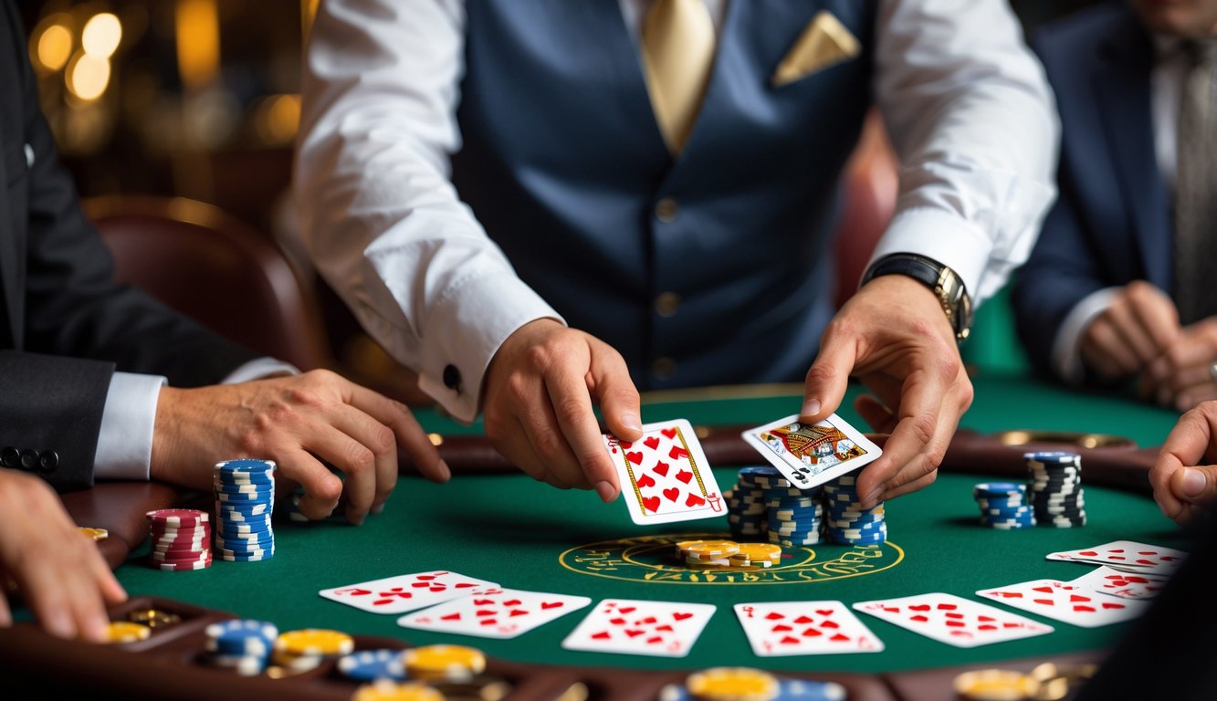 Seorang dealer rummy sedang membagikan kartu di meja permainan dengan latar belakang kabur.