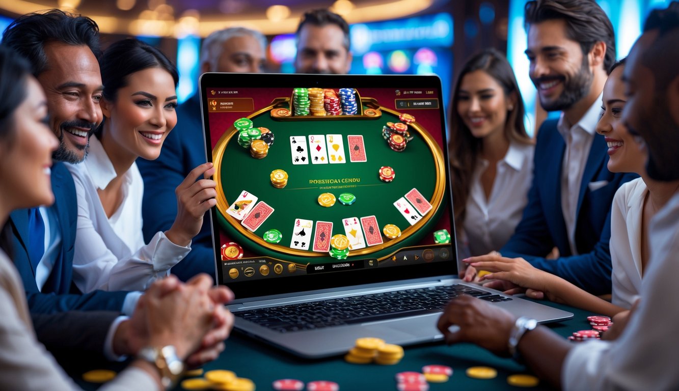 Orang-orang sedang bermain permainan kartu rummy secara online di depan layar komputer di lingkungan kasino yang mewah.