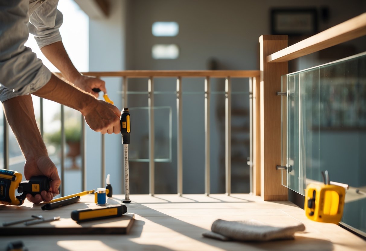 A casual photo of 10 different custom railings inside a home, with hands holding tools and various small objects nearby.