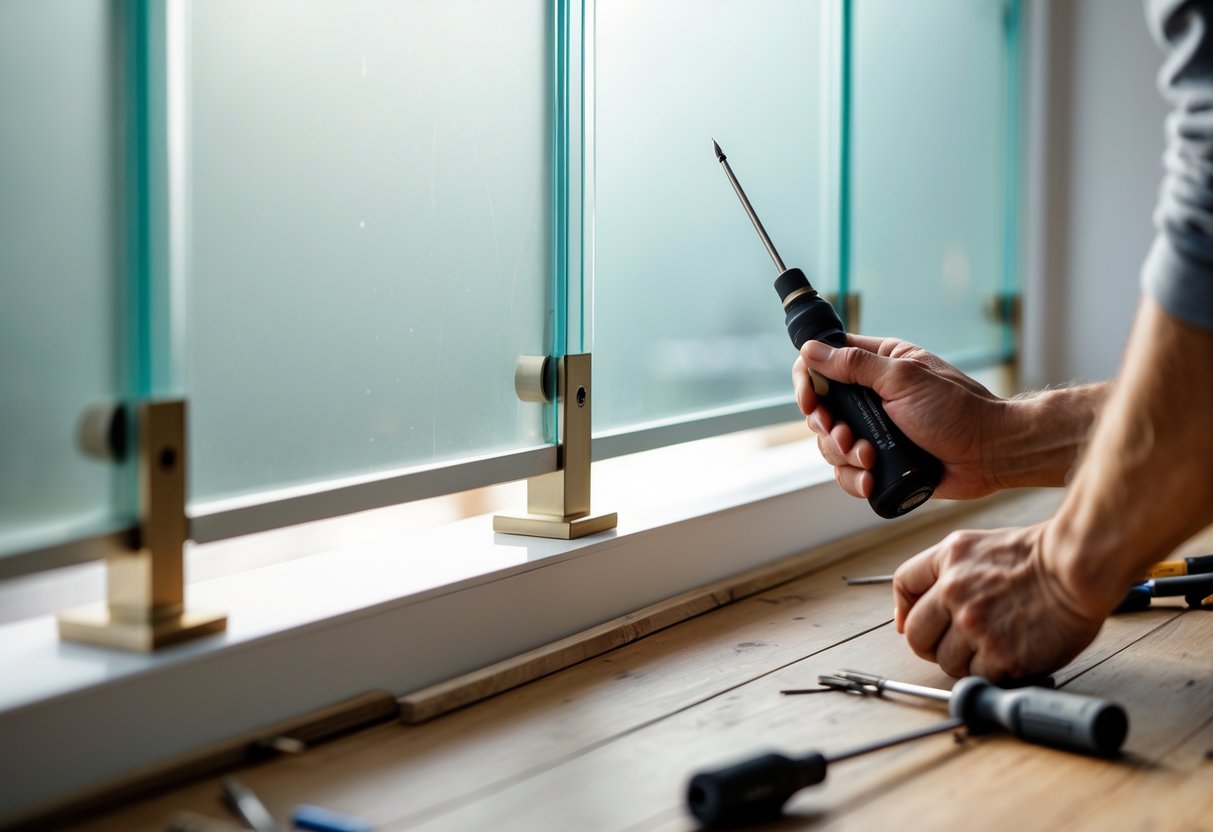 Hands installing a modern glass panel railing inside a home with tools on a wooden floor in soft daylight.