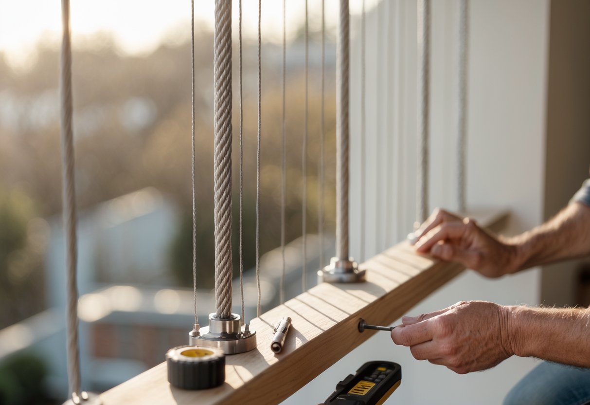 Close-up of hands installing stainless steel cable railings on a wooden staircase with tools nearby in a home setting.