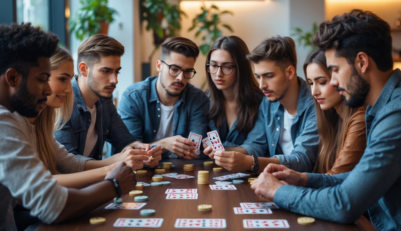 Sekelompok orang muda sedang bermain permainan kartu strategi di meja dalam ruangan yang nyaman.