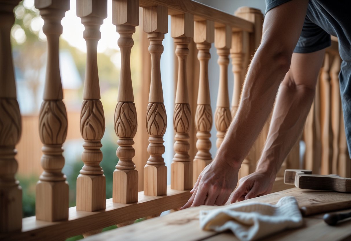 Close-up of wooden railings with custom carvings, hands touching the wood, and a woodworking tool nearby in a home setting.