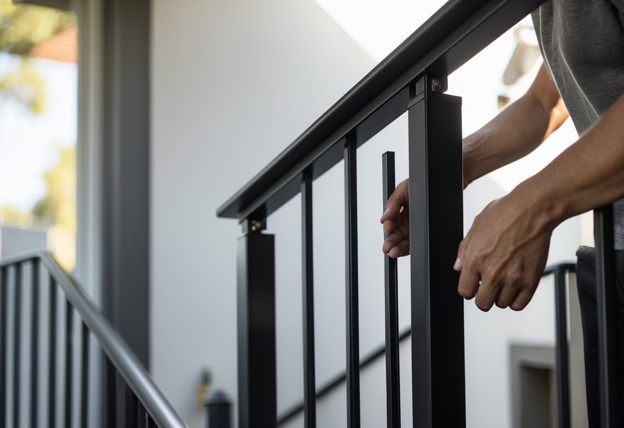 Close-up of matte black metal railings inside a home with a person's hands and tools nearby, lit by soft daylight.
