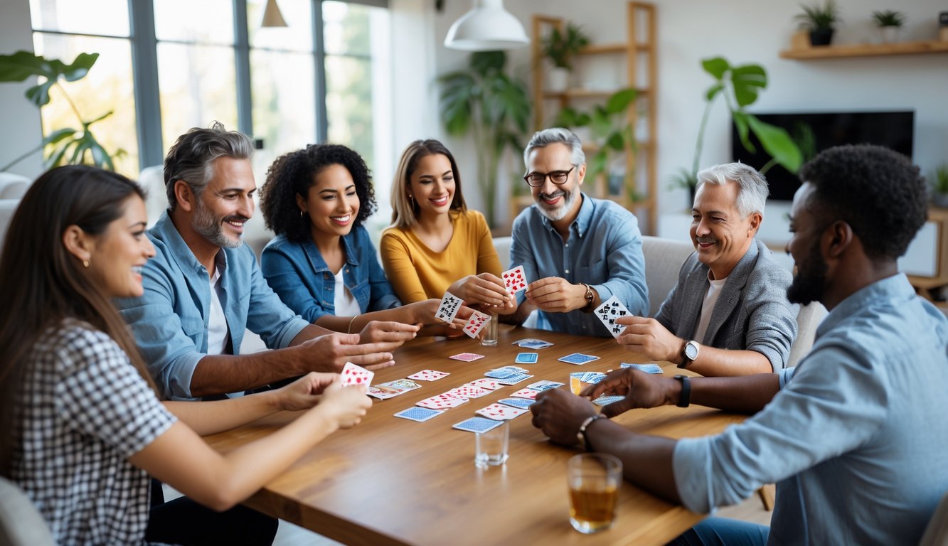 Beberapa orang bermain kartu Rummy bersama di sekitar meja kayu di sebuah ruang tamu yang terang dan nyaman.