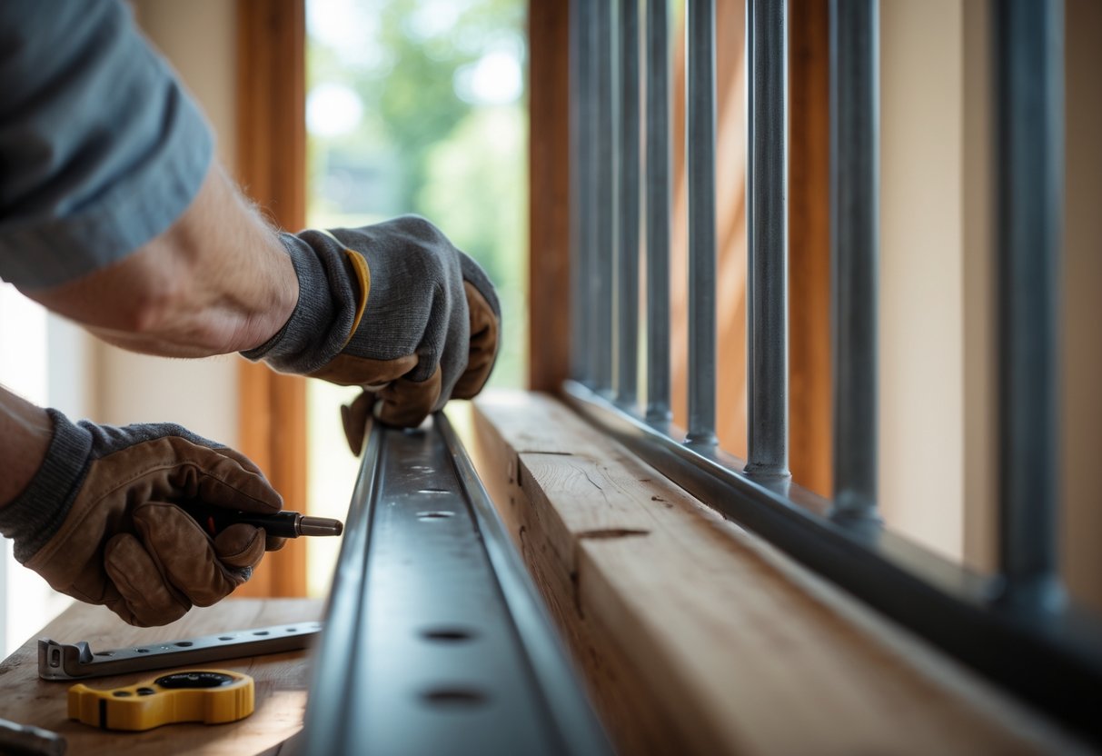 Close-up of hands installing a rustic wood and metal railing with tools on a wooden surface in a home.