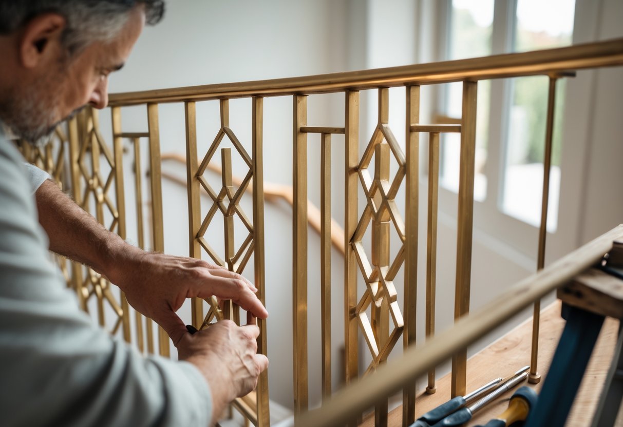 Close-up of luxury brass railings with geometric patterns on a home staircase, with hands and tools nearby.