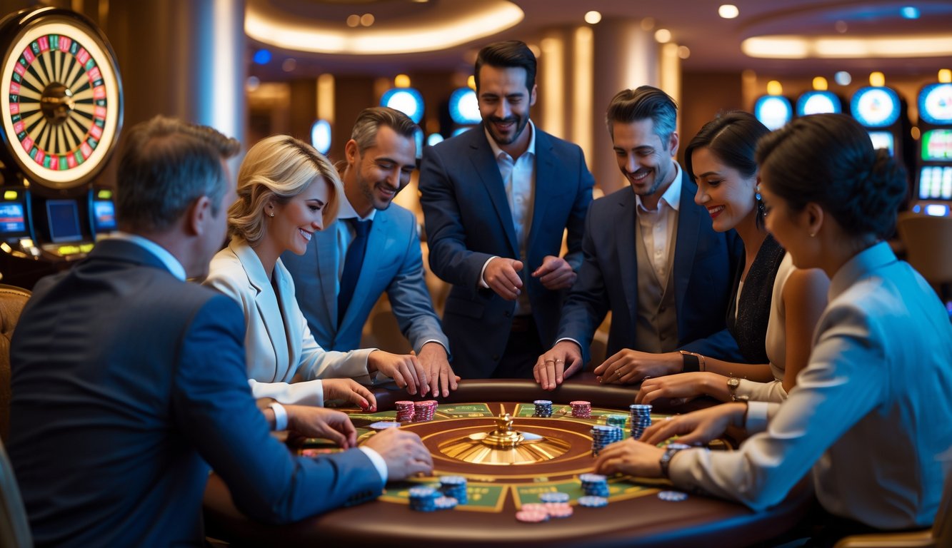 Sekelompok orang bermain kartu Rummy di meja kasino dengan suasana mewah dan pencahayaan hangat.