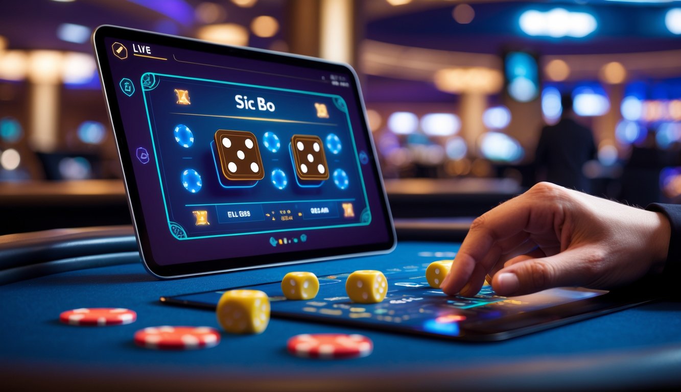 Seseorang bermain permainan Sic Bo secara online dengan tampilan digital dan dadu di layar.