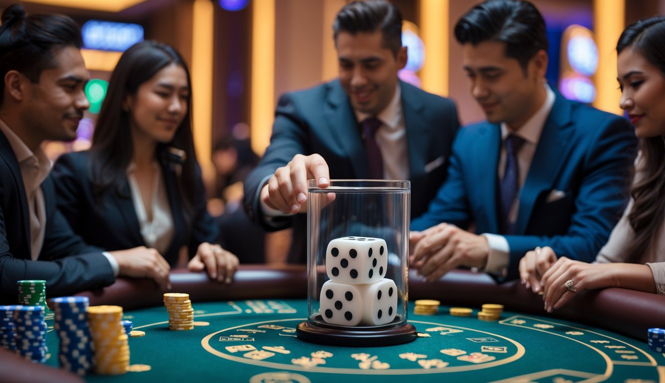 Meja kasino dengan permainan Sic Bo langsung, menampilkan dadu dalam alat pengocok dan pemain serta dealer yang sedang bermain.