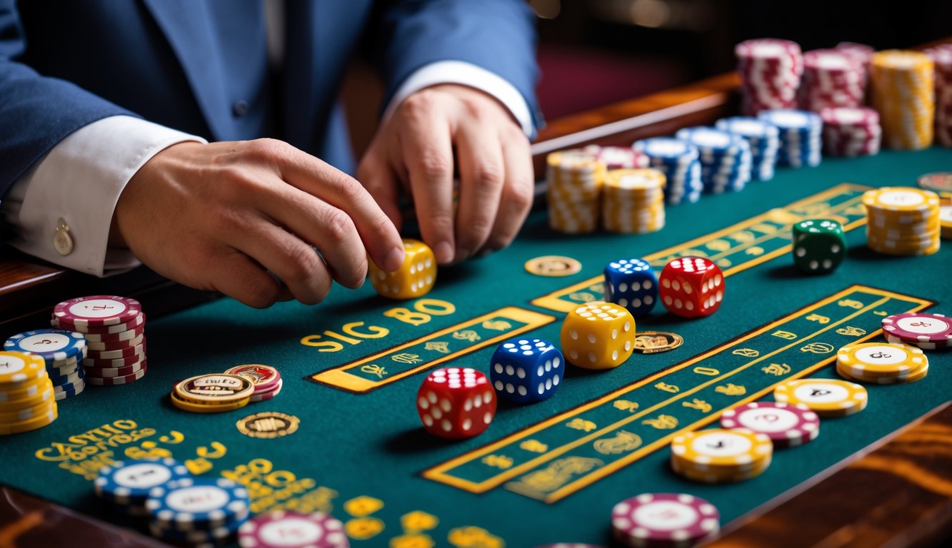 Tangan sedang meletakkan chip taruhan di meja permainan Sic Bo dengan dadu dan chip warna-warni.