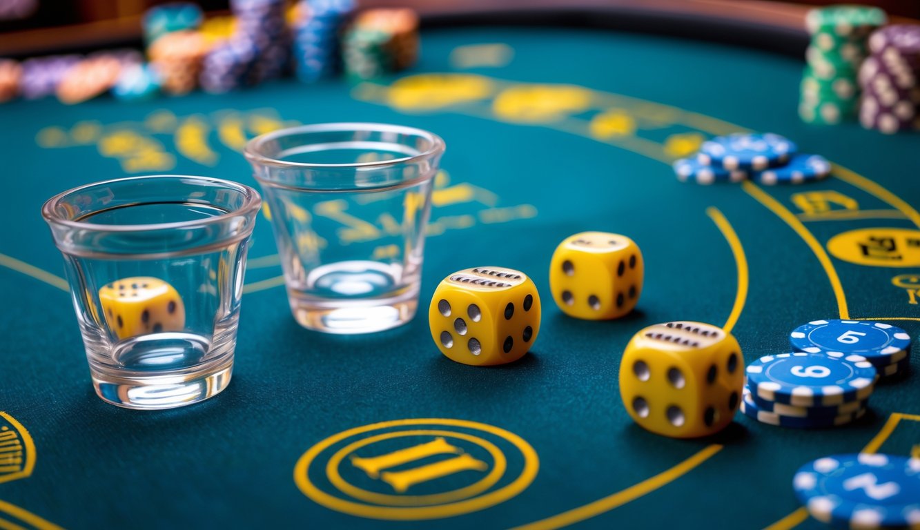 Meja permainan Sic Bo dengan dadu, chip taruhan, dan tata letak taruhan yang rapi.