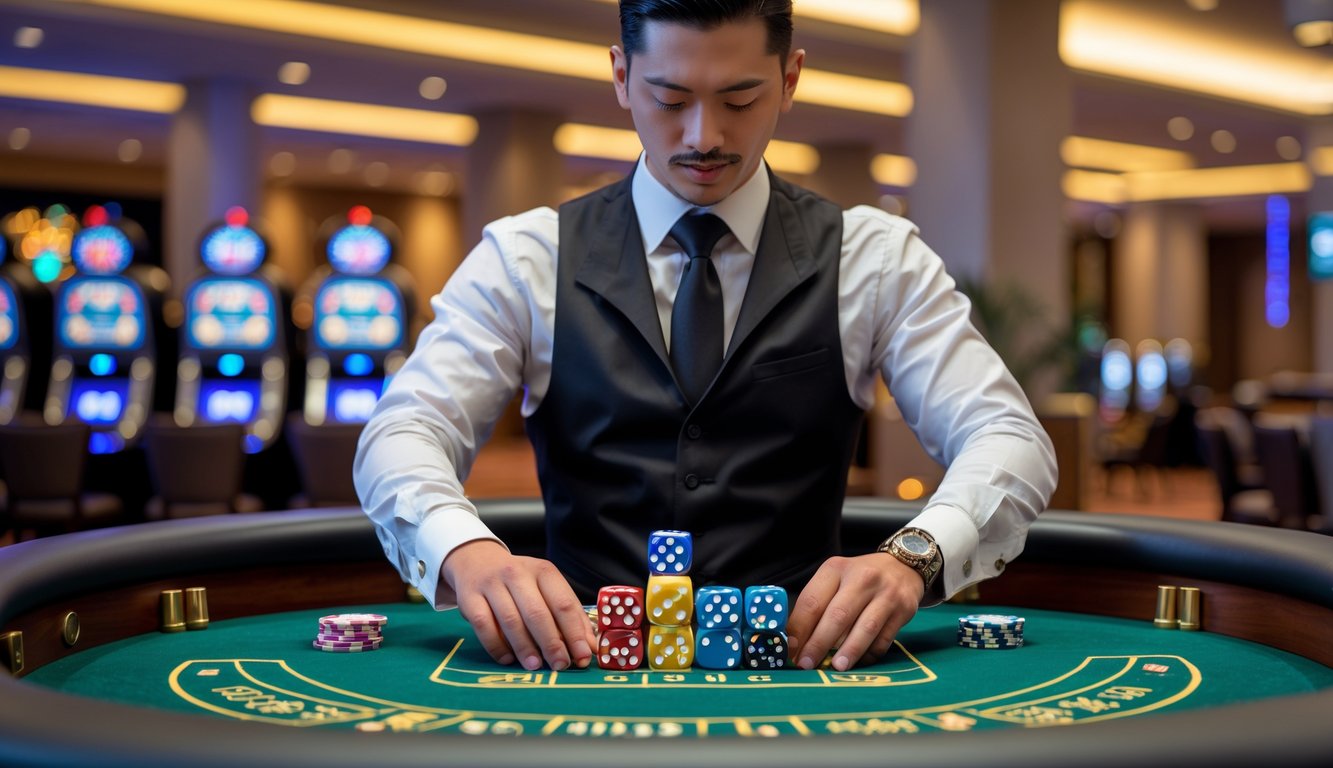 Seorang dealer Sic Bo sedang menangani dadu di meja kasino dengan latar belakang kasino yang terang.
