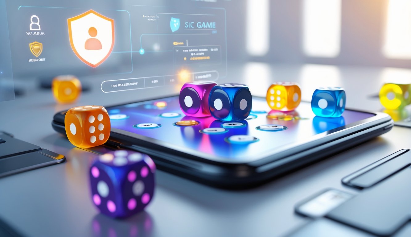 Tampilan meja permainan Sic Bo online dengan dadu berwarna-warni yang sedang dilempar dan ikon keamanan di latar belakang.