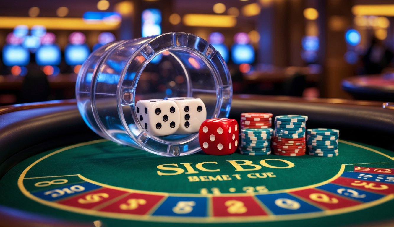 Permainan kasino Sic Bo dengan dadu dalam alat pengocok dan tumpukan chip taruhan di atas meja hijau.