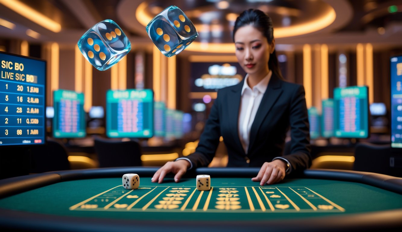Seorang dealer wanita di meja Sic Bo dengan tiga dadu melayang di udara dalam suasana kasino yang terang dan profesional.