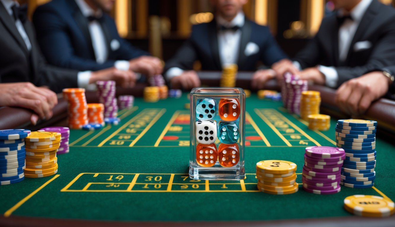 Meja permainan Sic Bo dengan dadu dan tumpukan chip taruhan tinggi di kasino.