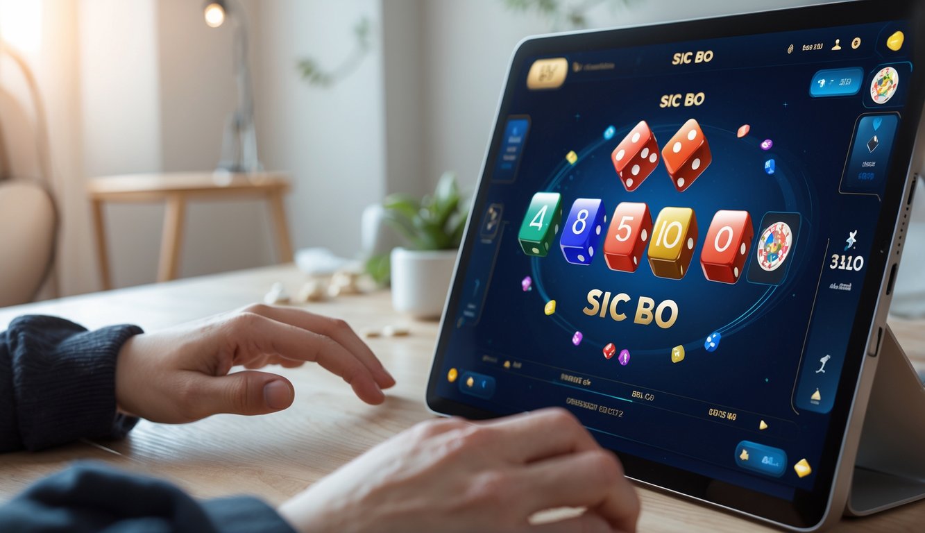 Seorang pemain menggunakan perangkat digital untuk bermain permainan kartu Sic Bo online dengan dadu yang terlihat di layar.