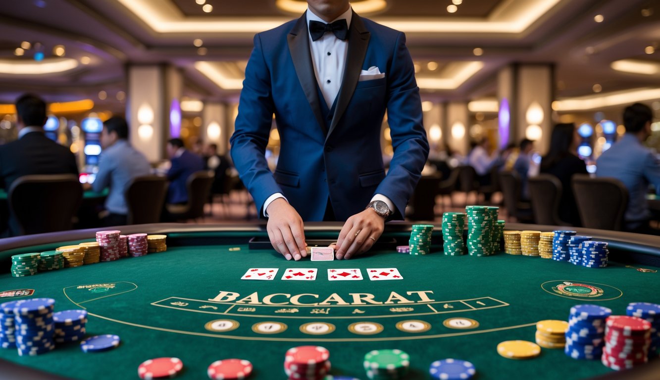 Seorang dealer berdiri di belakang meja baccarat di kasino dengan kartu dan chip taruhan, dikelilingi oleh pemain yang sedang bermain.