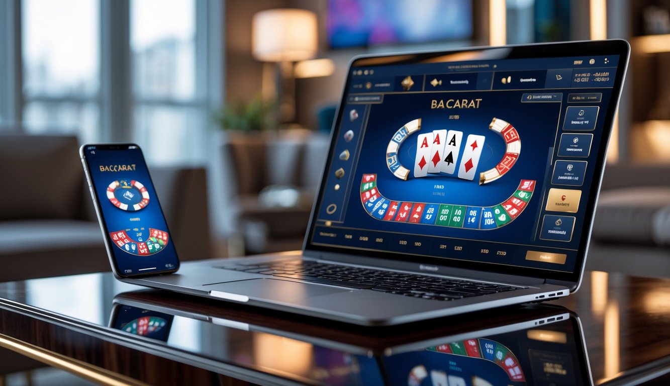 Sebuah laptop dan ponsel menampilkan permainan baccarat online di atas meja kayu dengan latar belakang ruangan modern yang samar.