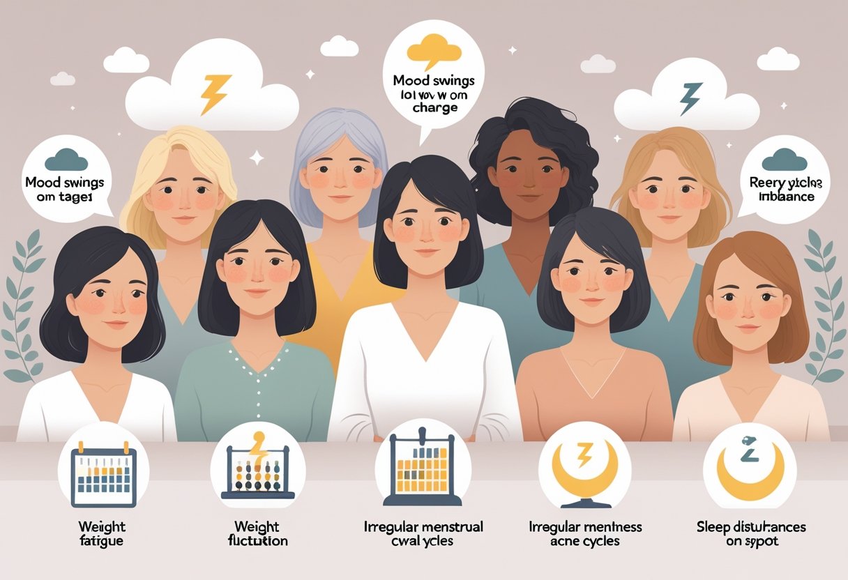 A group of diverse women showing subtle signs of hormone imbalance symptoms, surrounded by icons representing mood swings, fatigue, weight changes, irregular periods, skin changes, and sleep problems.