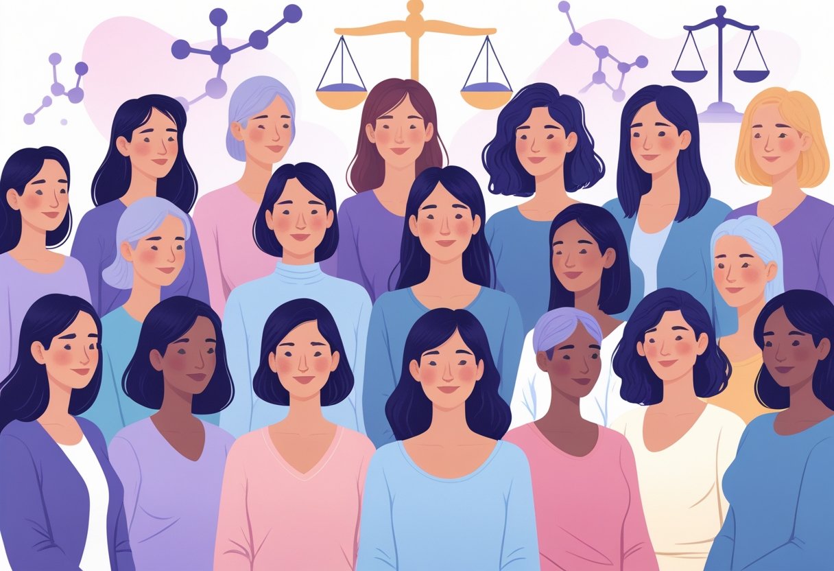 A group of diverse women showing subtle signs of hormone imbalance symptoms in a calm, supportive setting with abstract hormonal symbols in the background.