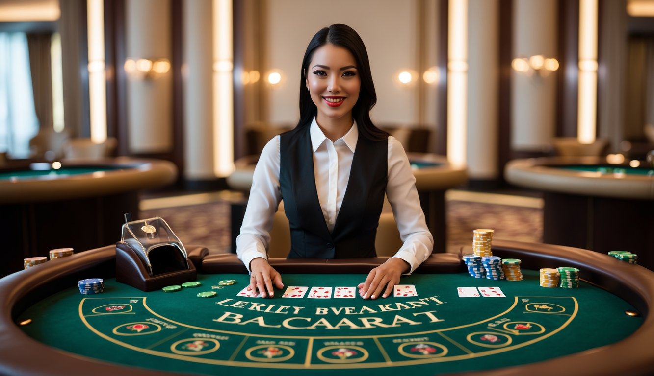 Seorang dealer baccarat wanita duduk di meja kasino dengan kartu dan chip, tersenyum dan siap melayani pemain.