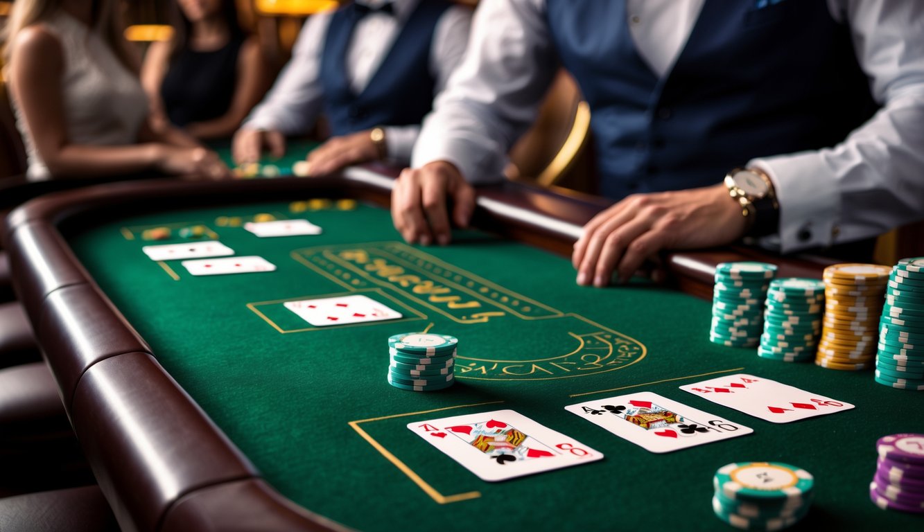 Meja baccarat dengan kartu dan chip di kasino mewah, dikelilingi oleh pemain dan dealer.