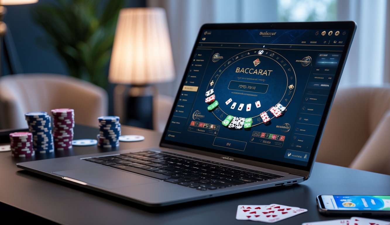 Seorang pria duduk di depan laptop dengan permainan baccarat online di layar, dikelilingi oleh kartu remi dan chip taruhan di meja.