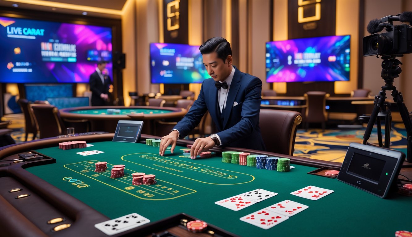 Seorang dealer membagikan kartu di meja baccarat dengan kamera dan mikrofon mengelilingi meja untuk siaran langsung.