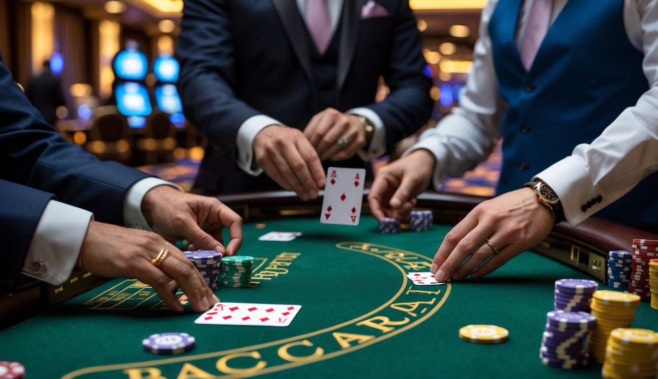 Meja permainan Baccarat dengan dealer membagikan kartu dan pemain memasang taruhan di kasino.