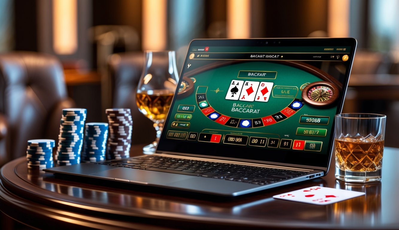 Sebuah laptop modern dengan permainan baccarat online di layar, dikelilingi oleh tumpukan chip poker dan kartu remi di atas meja kayu.