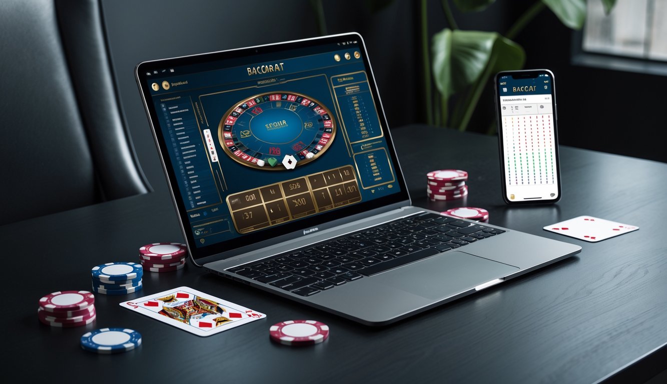 Meja kerja dengan laptop yang menampilkan permainan baccarat online, dikelilingi oleh chip poker dan kartu remi.