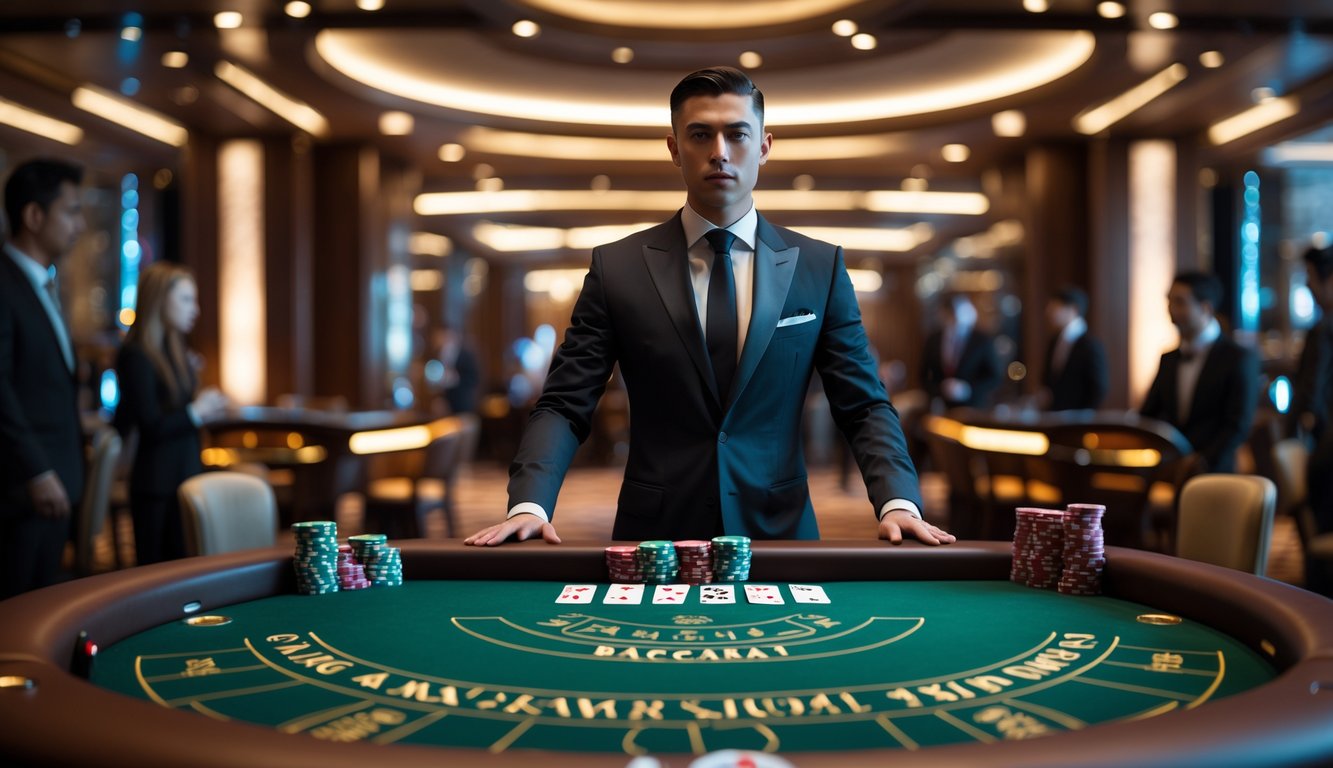 Seorang dealer berpakaian rapi berdiri di belakang meja baccarat dengan kartu dan chip, di dalam ruangan kasino yang mewah dan berpendar cahaya hangat.