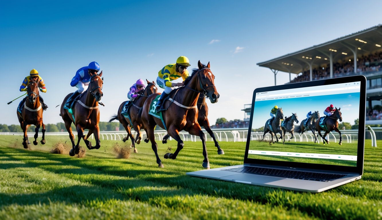 Balapan kuda sedang berlangsung di lintasan hijau dengan joki mengenakan pakaian berwarna-warni, di depan terlihat layar perangkat digital yang menampilkan siaran langsung balapan.