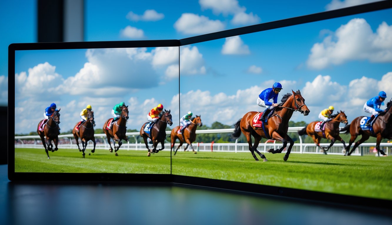 Lomba kuda sedang berlangsung dengan joki mengenakan pakaian berwarna-warni, dan layar digital menampilkan siaran langsung balap kuda.