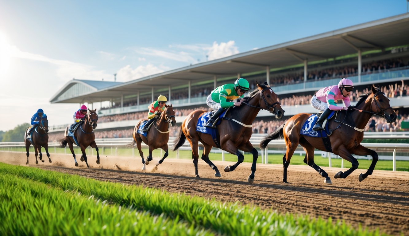 Beberapa kuda pacuan sedang berlari kencang di lintasan dengan joki mengenakan pakaian warna-warni, di depan tribun penonton yang ramai.