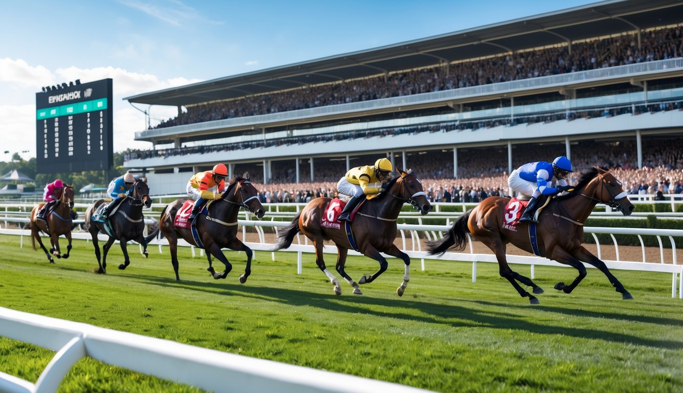 Lomba pacuan kuda dengan beberapa kuda berlari cepat di lintasan dan penonton di tribun.