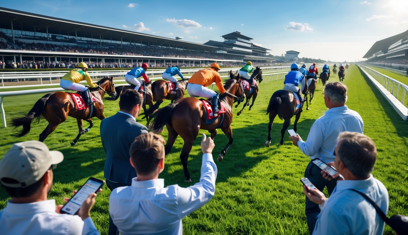 Beberapa kuda pacu sedang berlari di lintasan dengan para penonton yang antusias mengamati dan memasang taruhan.