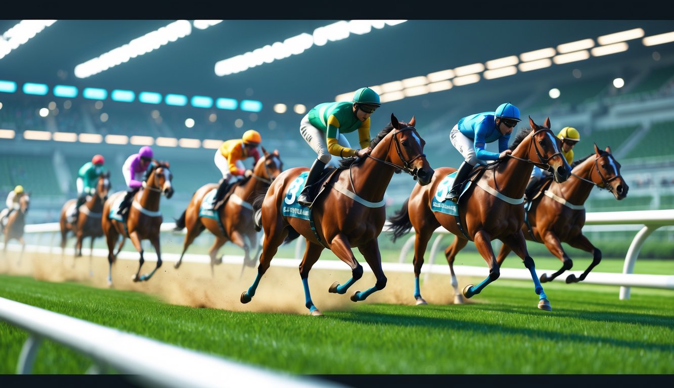 Adegan balap kuda virtual dengan beberapa kuda dan joki berlari di lintasan pacuan kuda yang terang dan modern.
