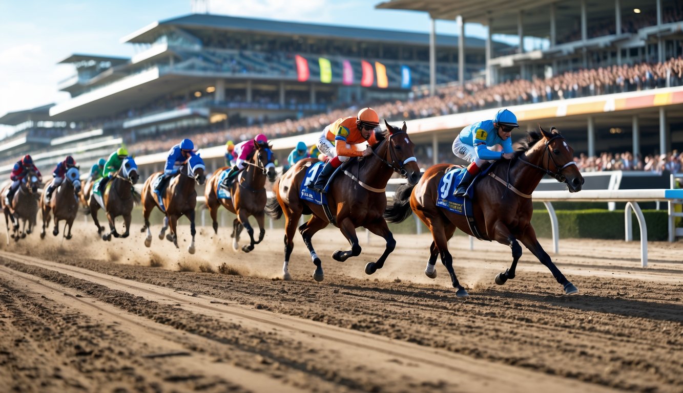 Beberapa kuda pacu dan joki sedang berlari menuju garis finish di arena balap kuda dengan penonton di latar belakang.