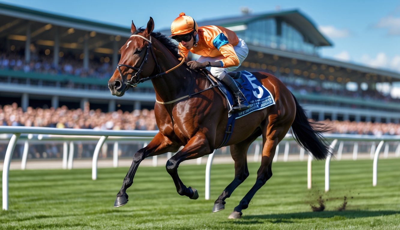 Seekor kuda pacu sedang berlari cepat di lintasan dengan joki di punggungnya.