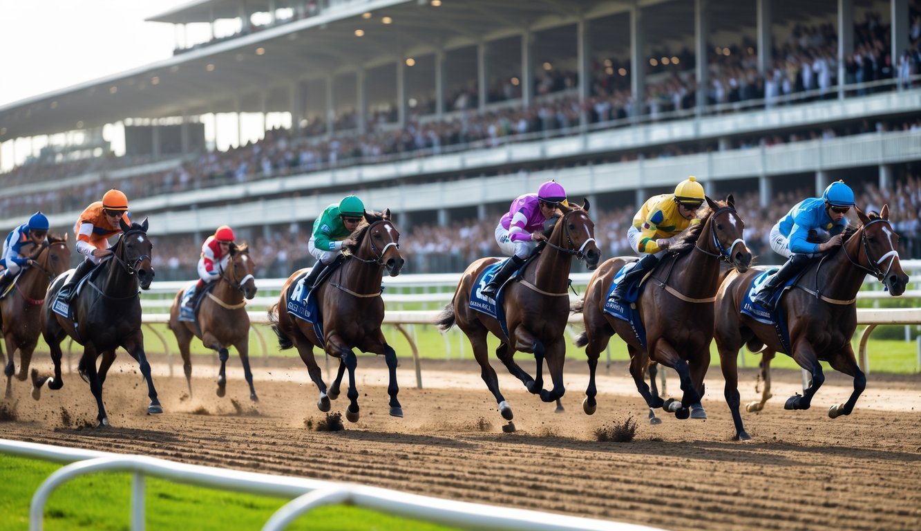 Beberapa kuda pacuan dengan joki berwarna-warni sedang berlari cepat di lintasan pacuan kuda di depan tribun penonton yang ramai.