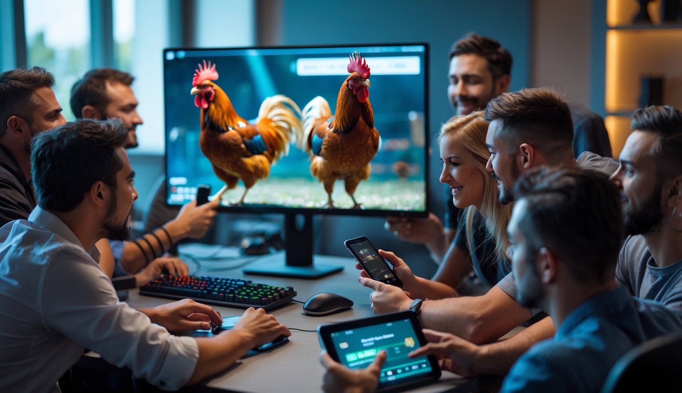 Orang-orang menonton pertandingan sabung ayam secara online di depan komputer dengan ekspresi fokus dan antusias.