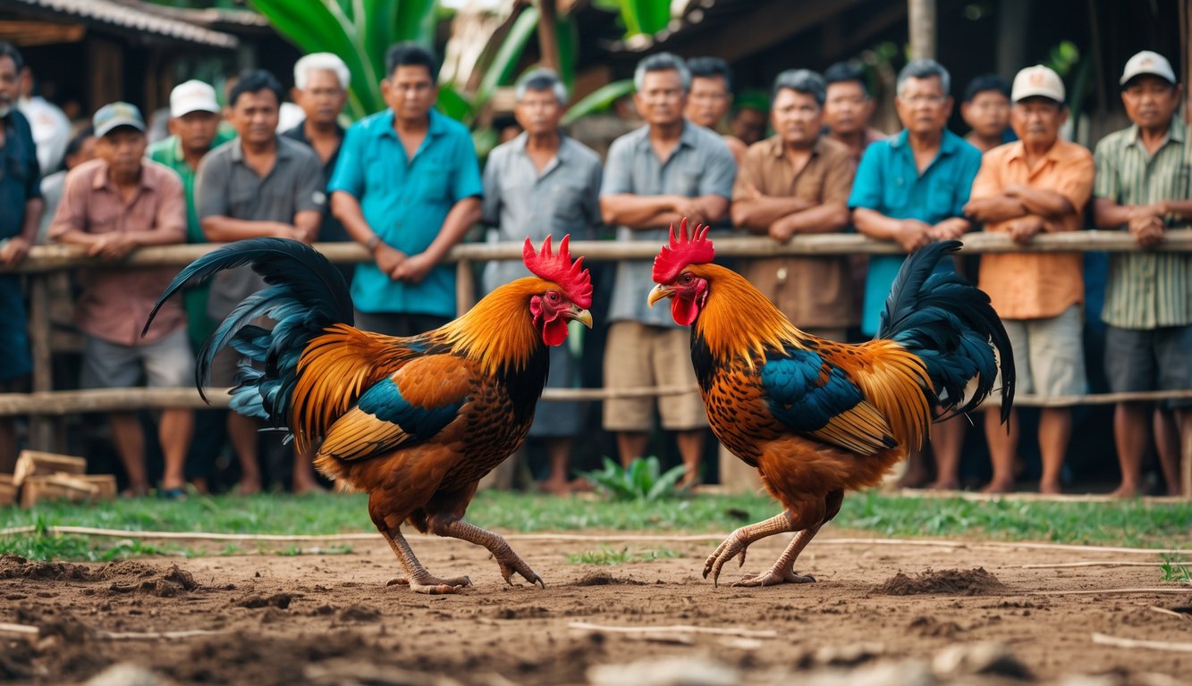 Dua ayam jago sedang bertarung di luar ruangan dengan beberapa pria yang memperhatikan dengan serius di sekitarnya.