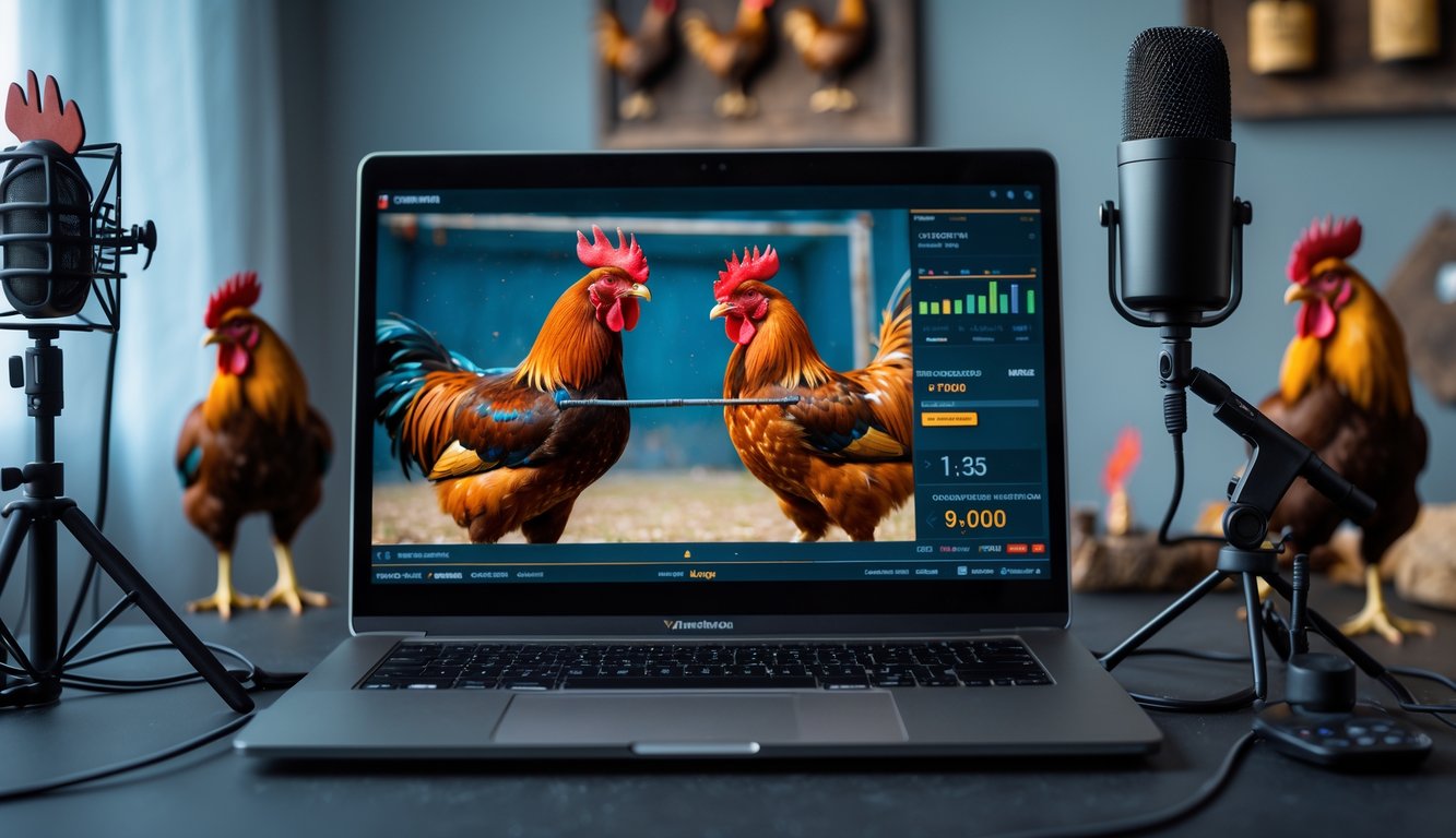 Sebuah ruangan dengan layar besar menampilkan dua ayam bertarung, di depan layar terdapat laptop dengan perangkat streaming dan mikrofon.